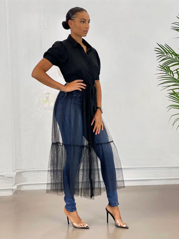 Iris Button Up Tulle Top | Black