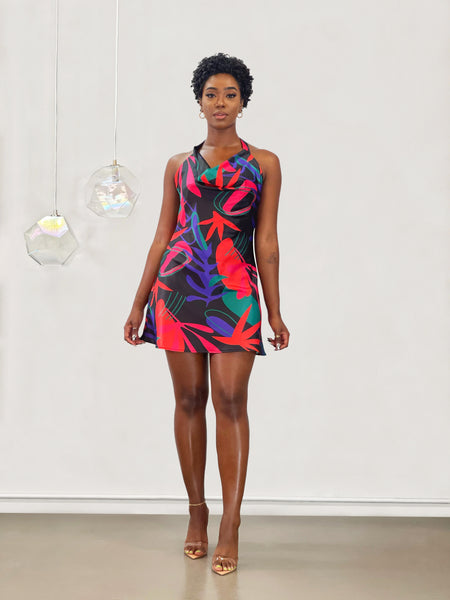 Kayla Halter Dress | Black Multi Print