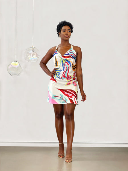 Kayla Halter Dress | White Multi Print