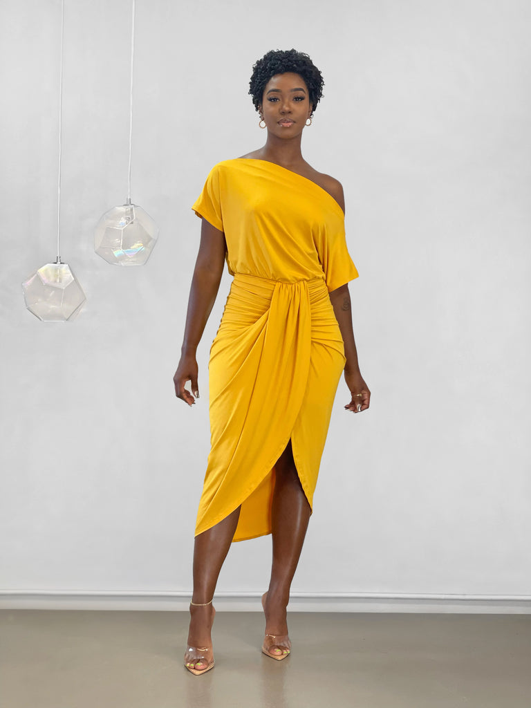 mustard ruched dress Stretchy Off Shoulder Prom Dress