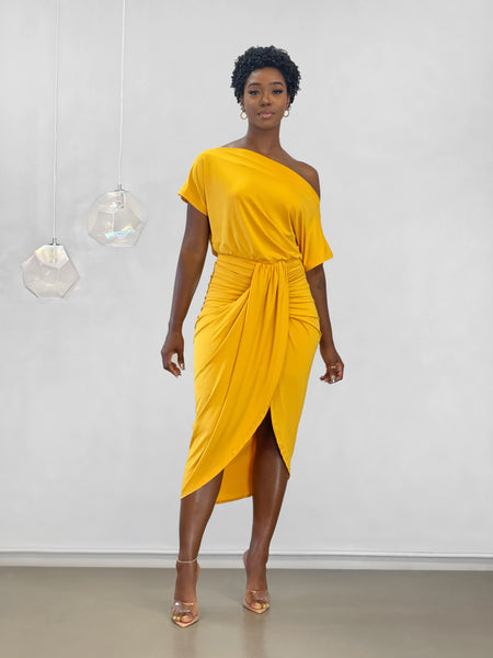 Iris Ruched High-Low Dress | Mustard